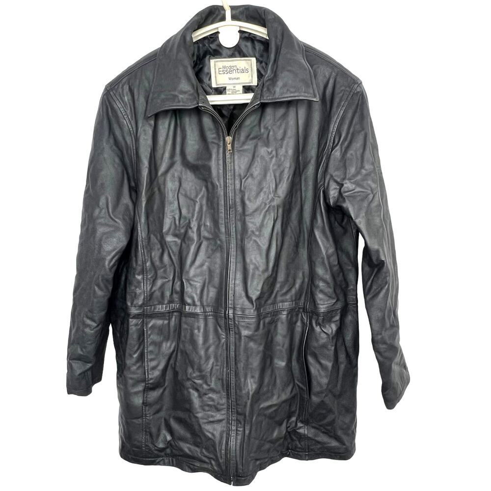 Women's Size 1x Black Leather Lined Zip Up Cinch Waist Jacket/Coat